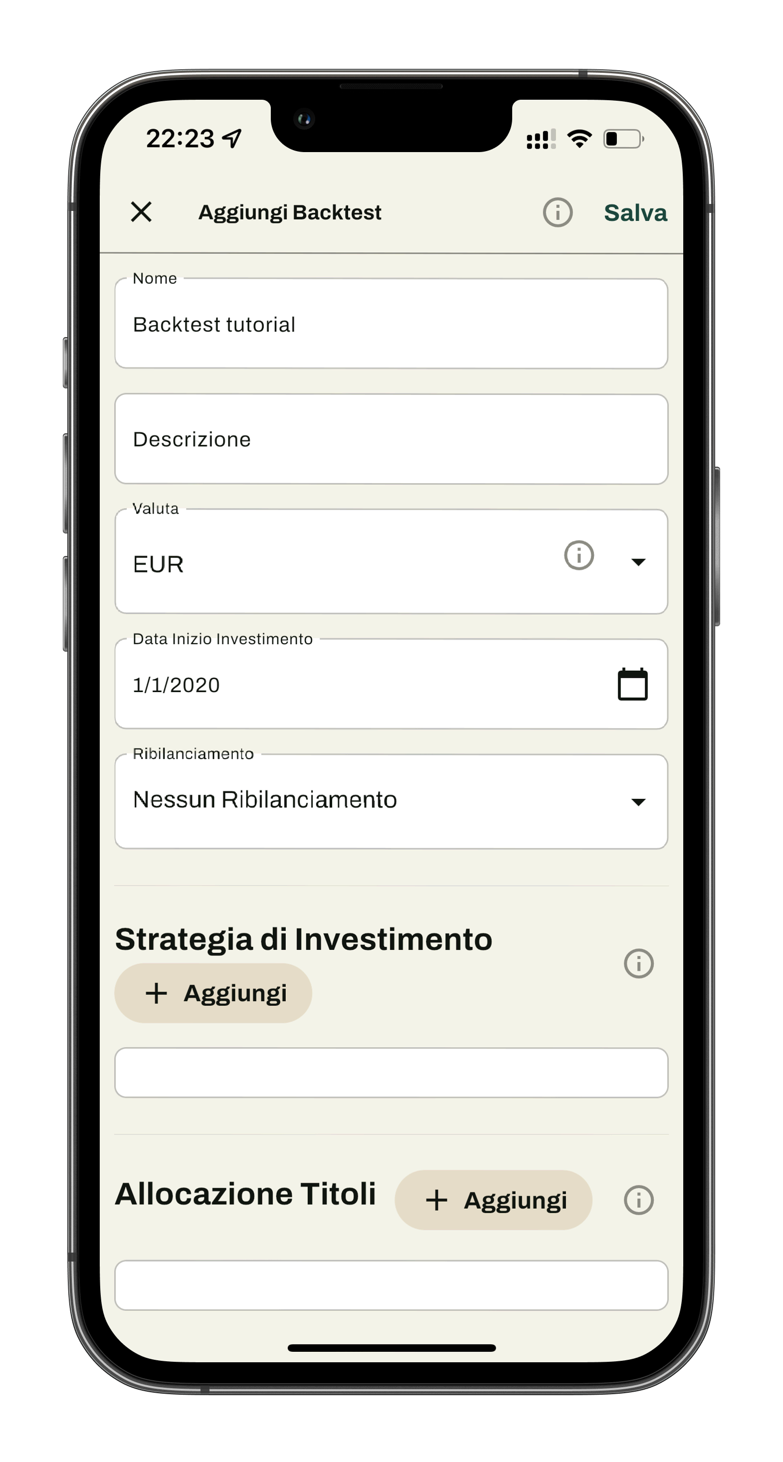 Wallible App tutorial portafoglio ottimizzazione investimenti backtest strategia risparmio analisi